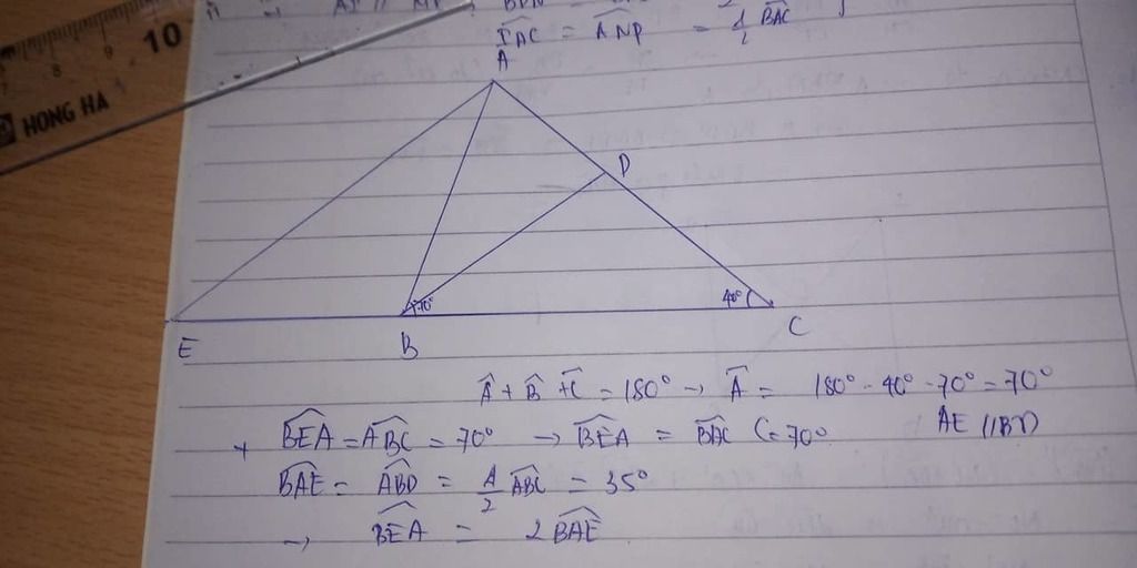 Cho tam giác ABC có BC = 6 cm. ABC = 70 độ A C B= 40 độ a. Vẽ tam giác ABC. b. Tia phân giác của ...