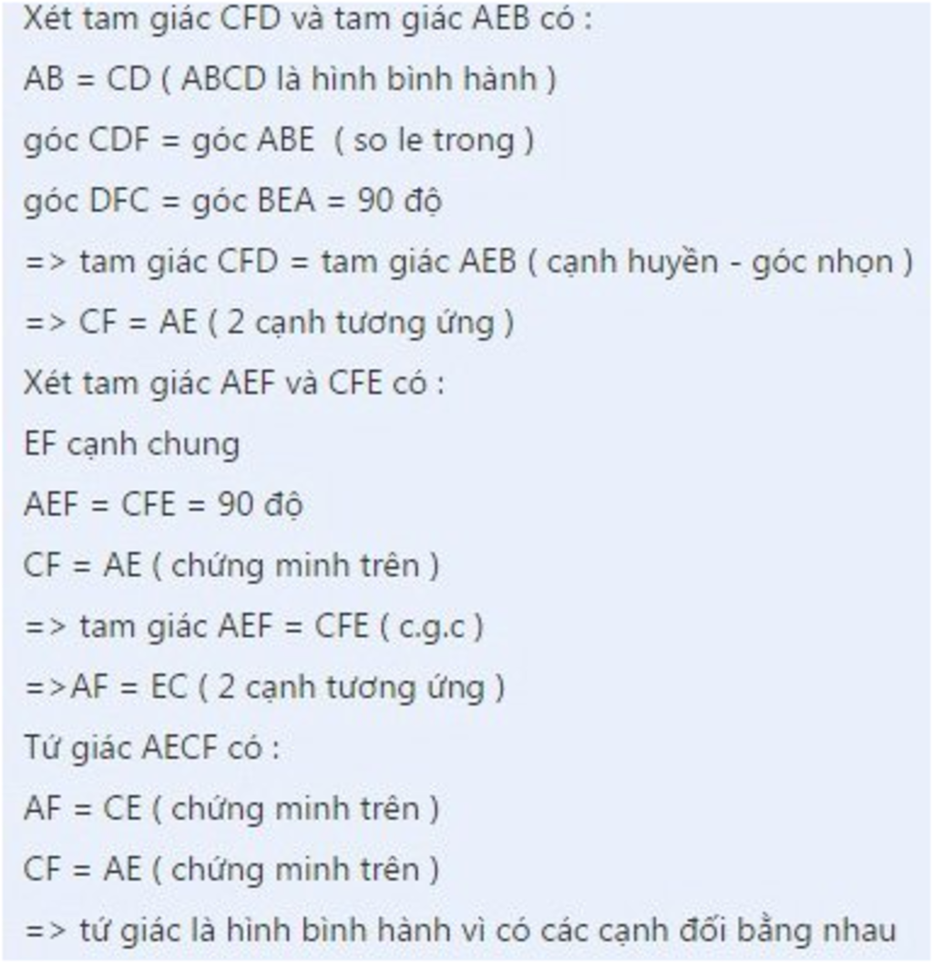 Cho Hinh Binh Hanh Abcd Kẻ Ae Vuong Goc Với Cf Vuong Goc Với A Tứ Giac Aecf La Hinh Gi Vi Sao B Ae Cắt Cd ơn I A Cắt Ab