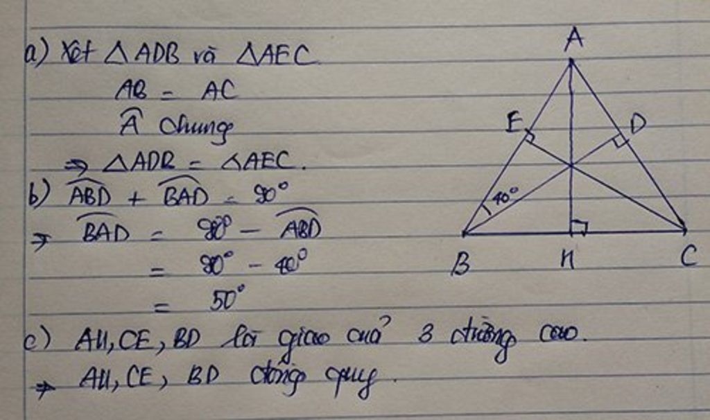 cho tam giác ABC cân tại A vẽ BD và CE lần lượt vuông góc với AC và lần lượt vuông góc với AC và