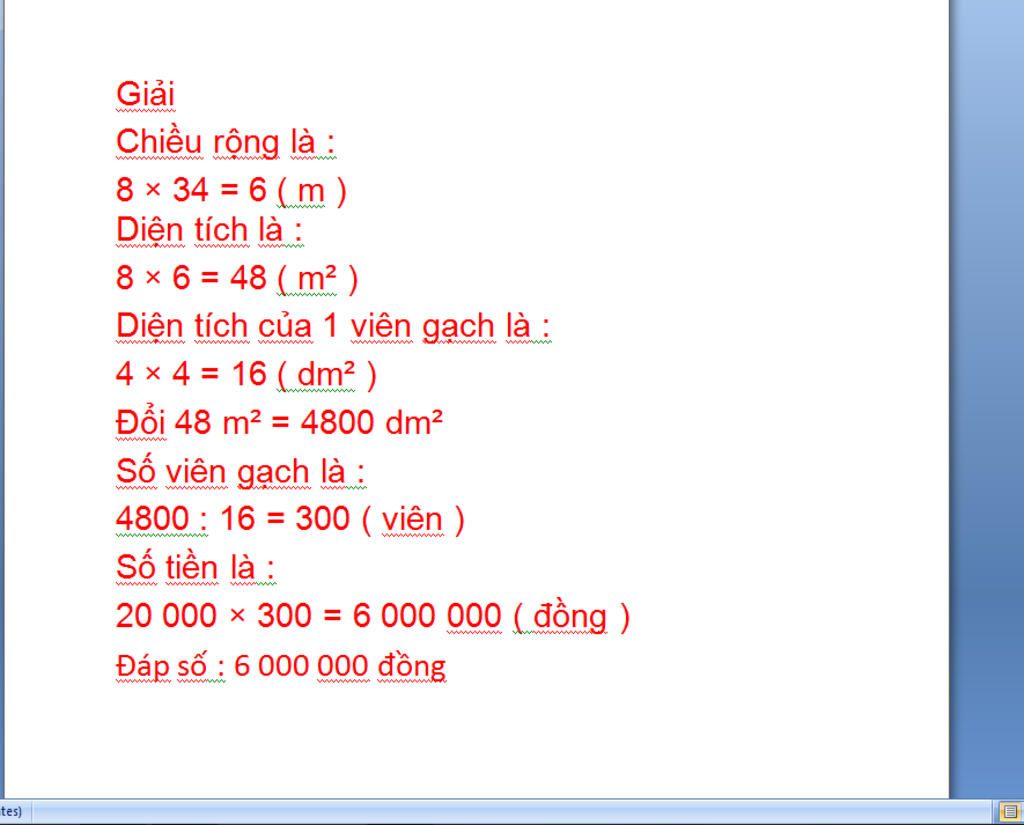 Một nền nhà hình chữ nhật có chiều dài 8m chiều rộng bằng 34 chiều dài