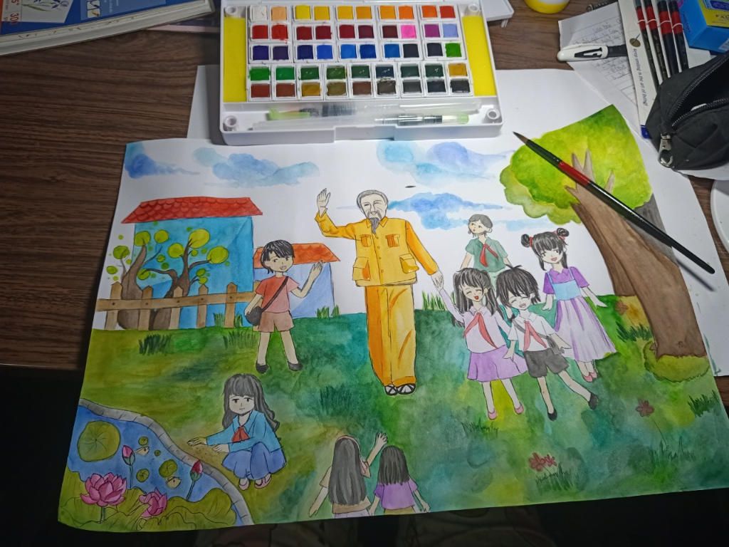 Dạy trẻ vẽ hoa quanh Lăng Bác có giáo 5 tuổi Trường Mầm non Đông Hải