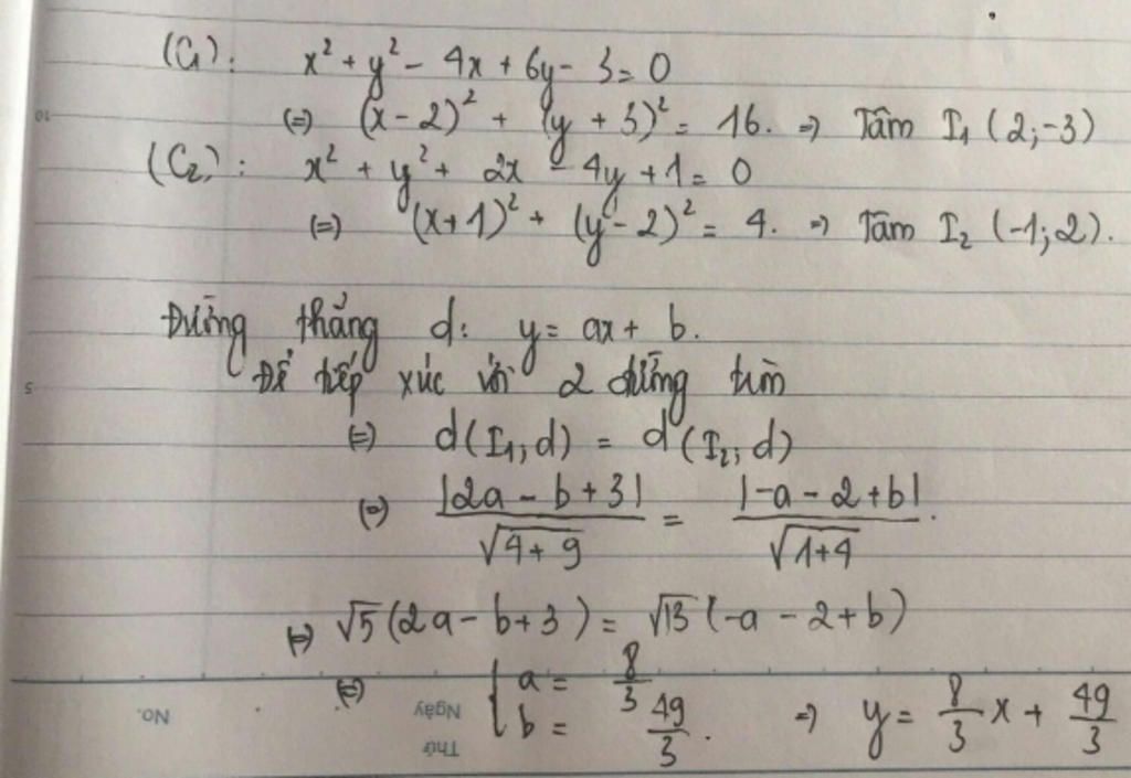 Cho Hai đường Tron Co Phương Trinh C1 X 2 Y 2 4x 6y 3 0 Va C2 X 2 Y 2 2x 4y 1 0 Cac đường Thẳng Tiếp Xuc Với Cả Hai đường Tron Tren La