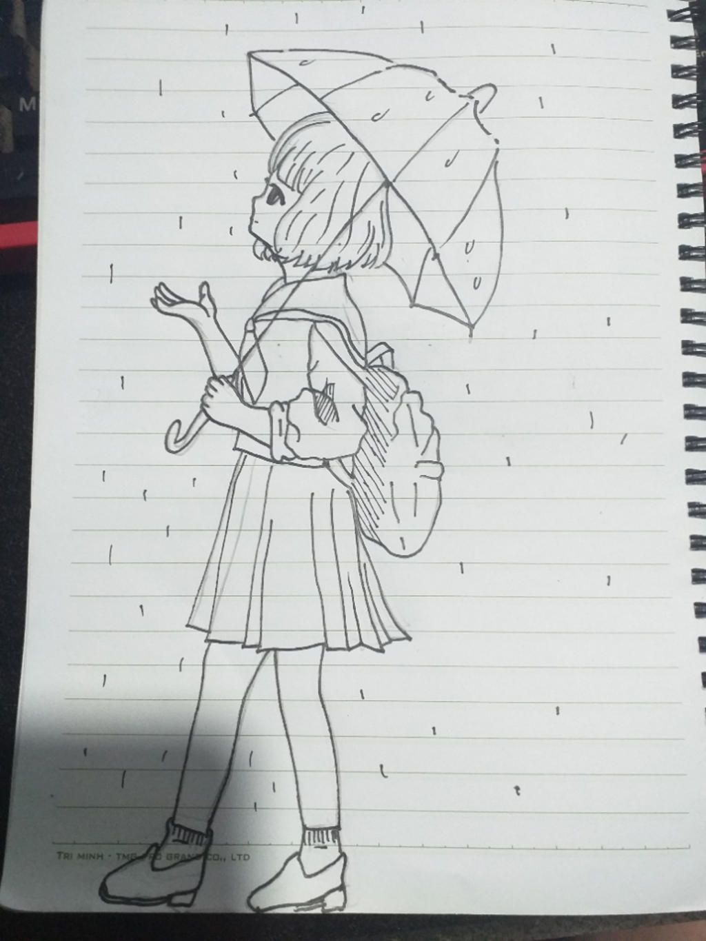 Vẽ một cô gái đang cầm ô đứng dưới mưa nhìn lên trời nha, tô màu ...