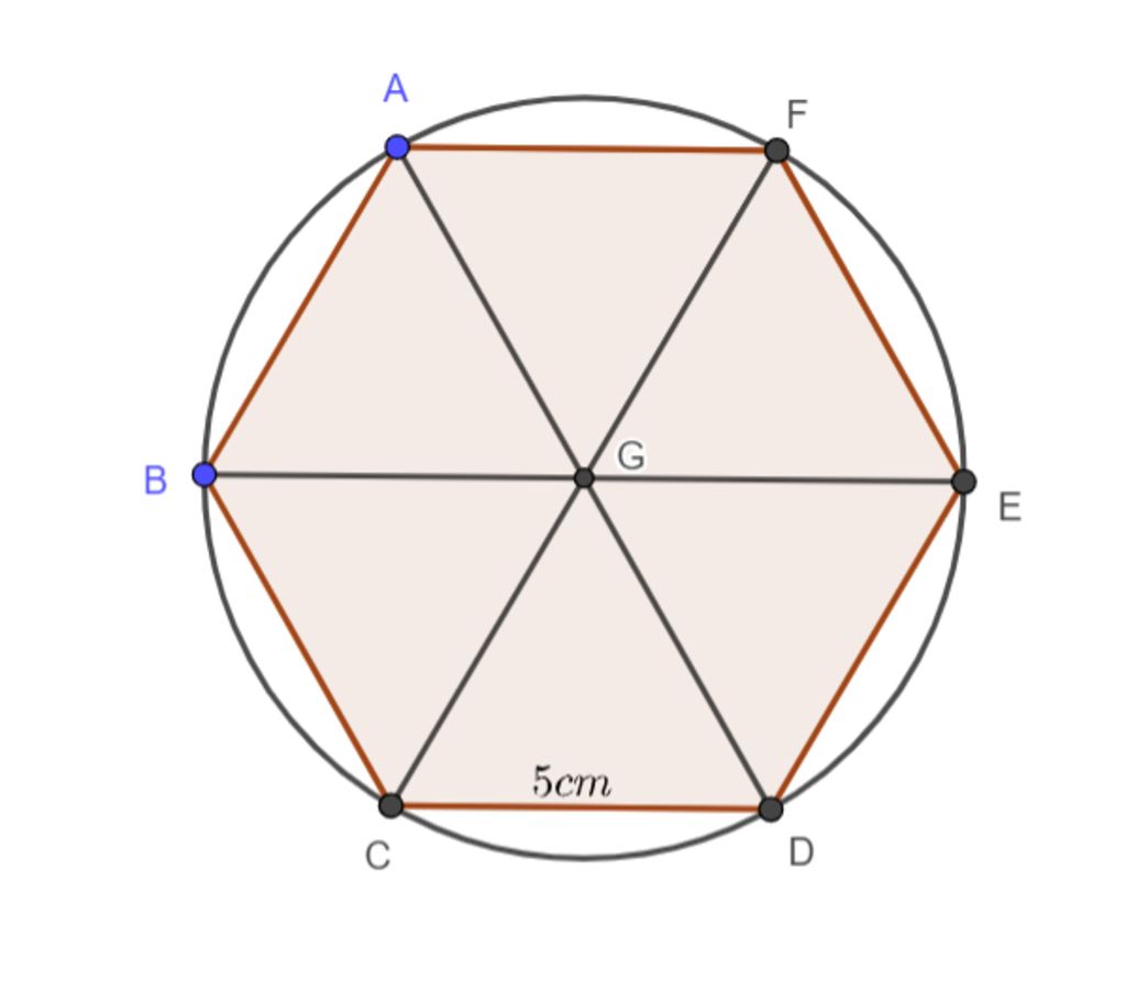 Hình tròn ngoại tiếp lục giác đều cạnh 5cm có diện tích ( 3,14 ...
