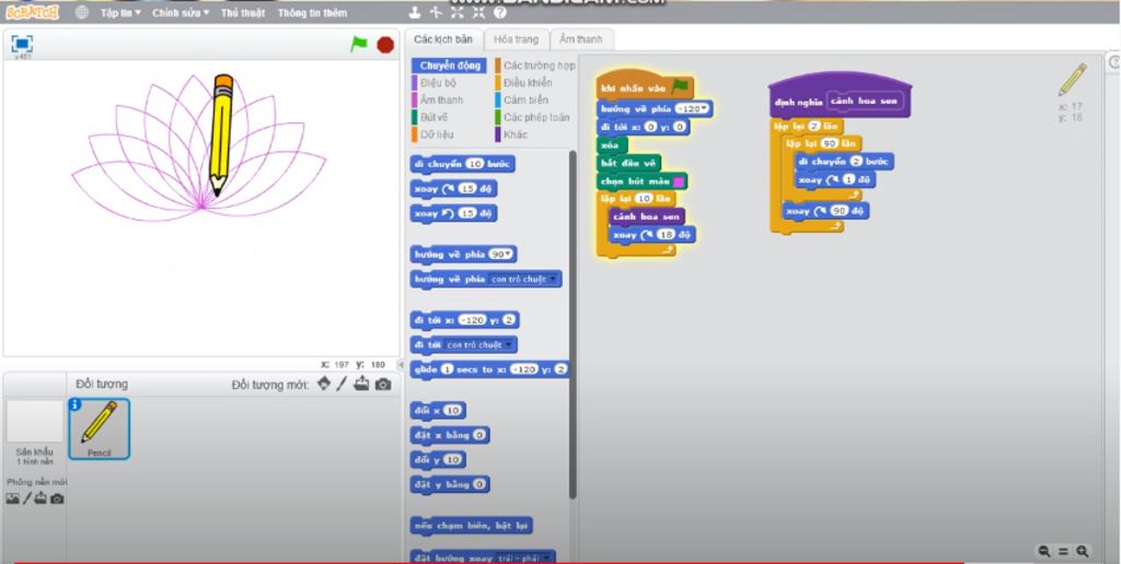 Scratch là công cụ lý tưởng để tạo ra hình ảnh của hoa sen. Sử dụng các khối màu và cải tiến kỹ năng lập trình của bạn, bạn có thể tạo ra một bức tranh hoa sen đẹp mắt trong một môi trường độc đáo và dễ sử dụng.