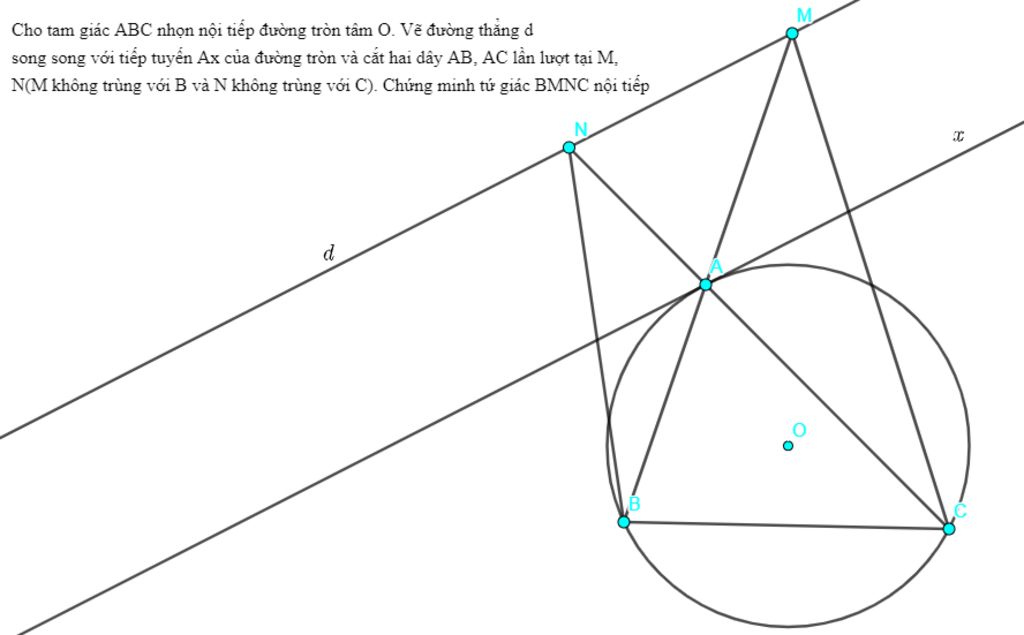 cho tam giác ABC nhọn nội tiếp đường tròn tâm O. Vẽ đường thẳng d ...