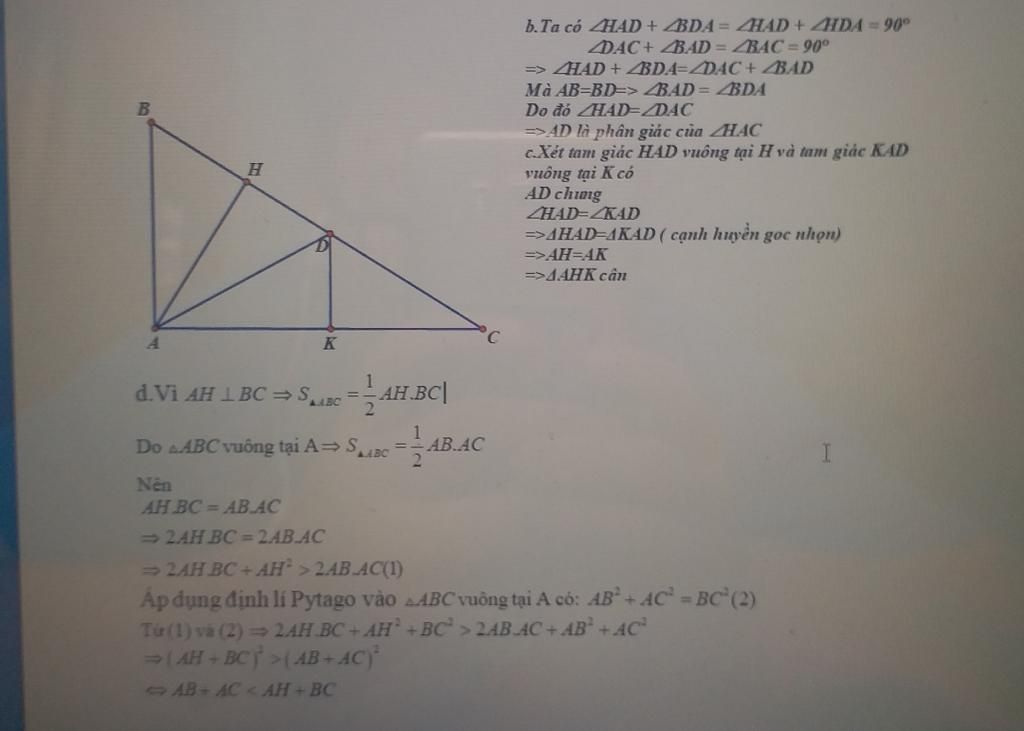 Bài 3. Cho tam giác ABC vuông tại A có đường cao AH. Trên cạnh BC ...