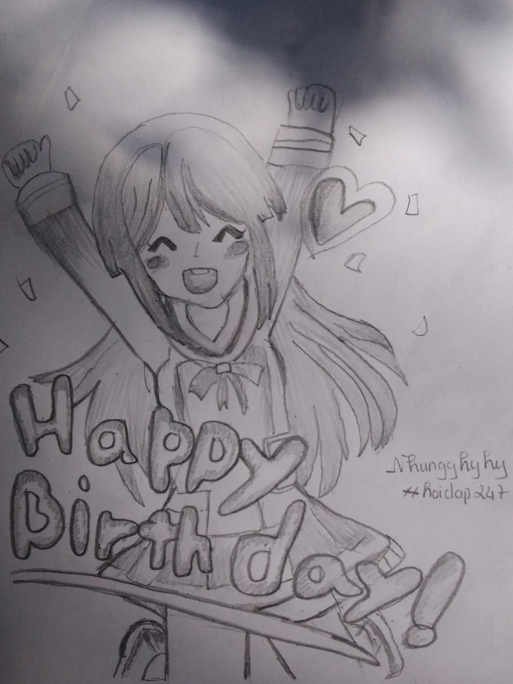 Vẽ anime chúc mừng sinh nhật Full line Full màu Vẽ bằng bút chì Có tâm 1  pic ký 1 pic ko ký và Viết cali chữ happy birthday - câu hỏi 2054161