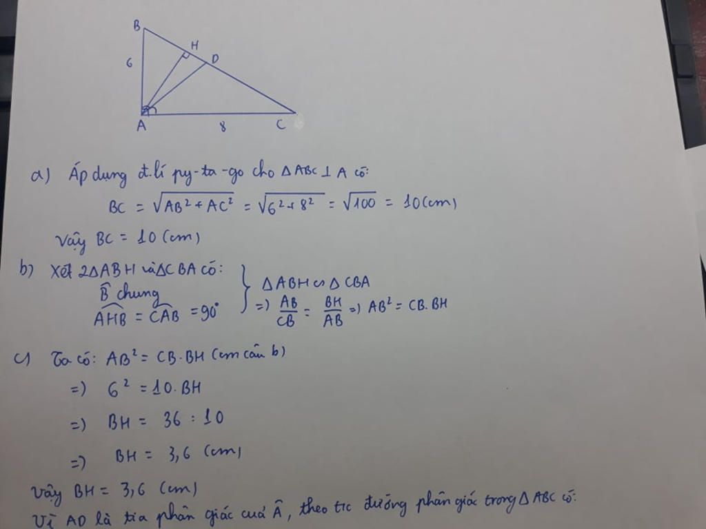cho tam giác ABC vuông ở A , có AB=6cm ; Ac= 8cm. VẼ đường cao AH ...