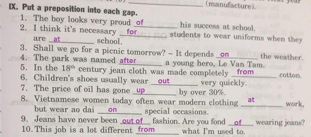 Manufacture). - Ix. Put A Preposition Into Each Gap. 1. The Boy Looks Very  Proud 2. I Think It'S Necessary His Success At School. Ce Students To Wear  Unif