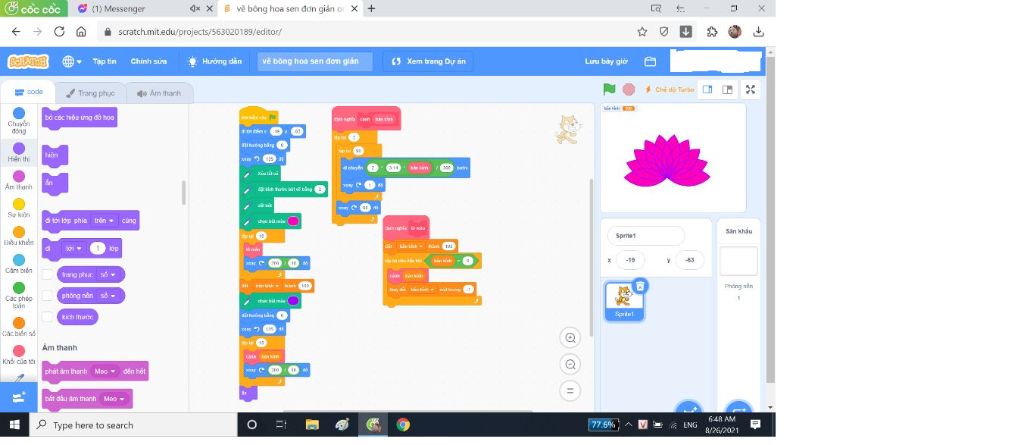 hãy vẽ bông hoa sen bằng ngôn ngữ lập trình scratch (lưu ý phải có ...