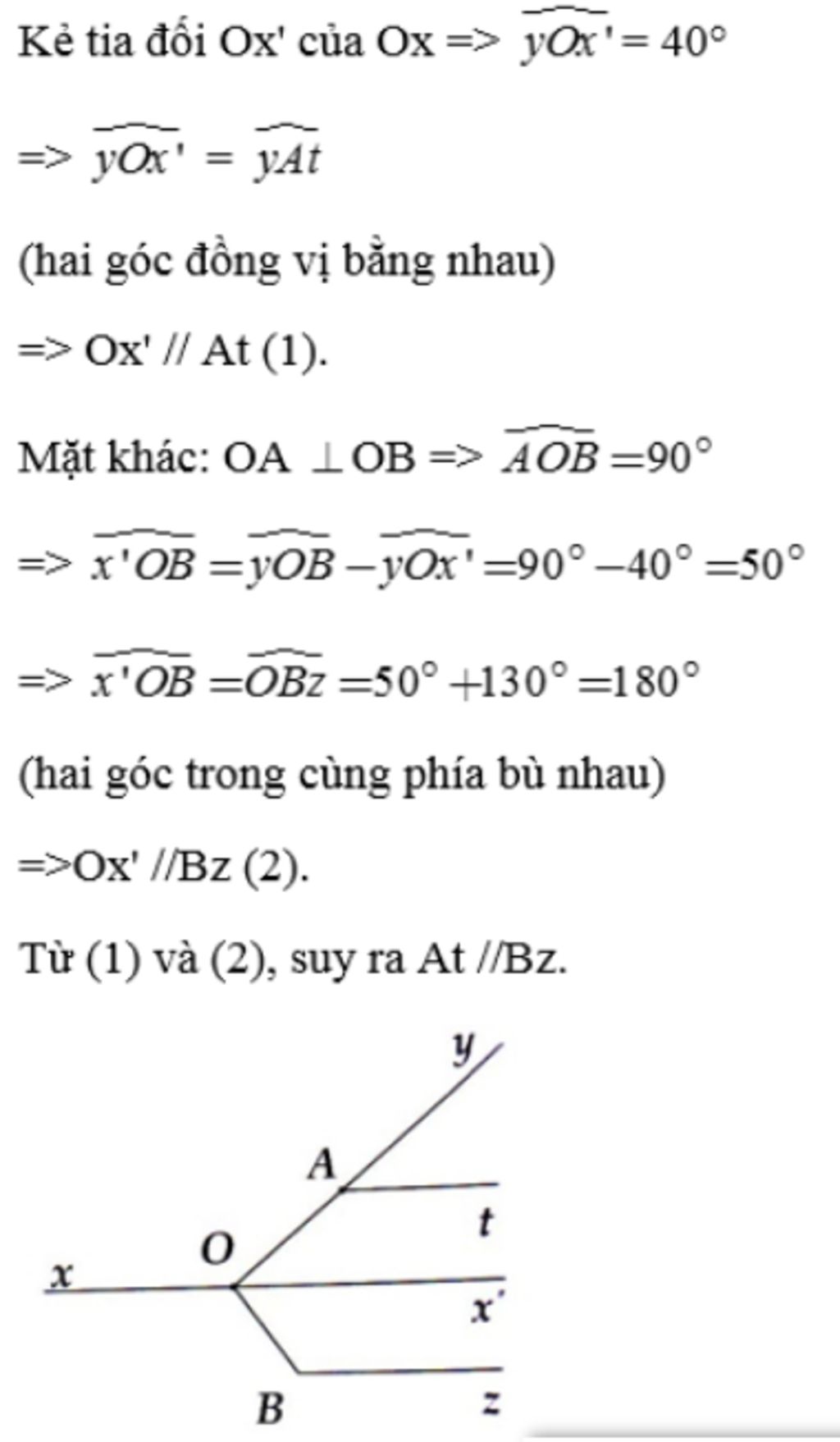 Bài 3: Cho hình vẽ bên biết yAt = 40°, *- xOy =140° và OBz =130°. %3D ..  Chứng minh At |/ Bz. B