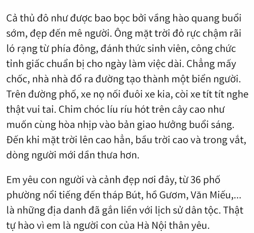 Đề bài: Viết đoạn văn miêu tả một cảnh đẹp ở Hà Nội mà em yêu thích.