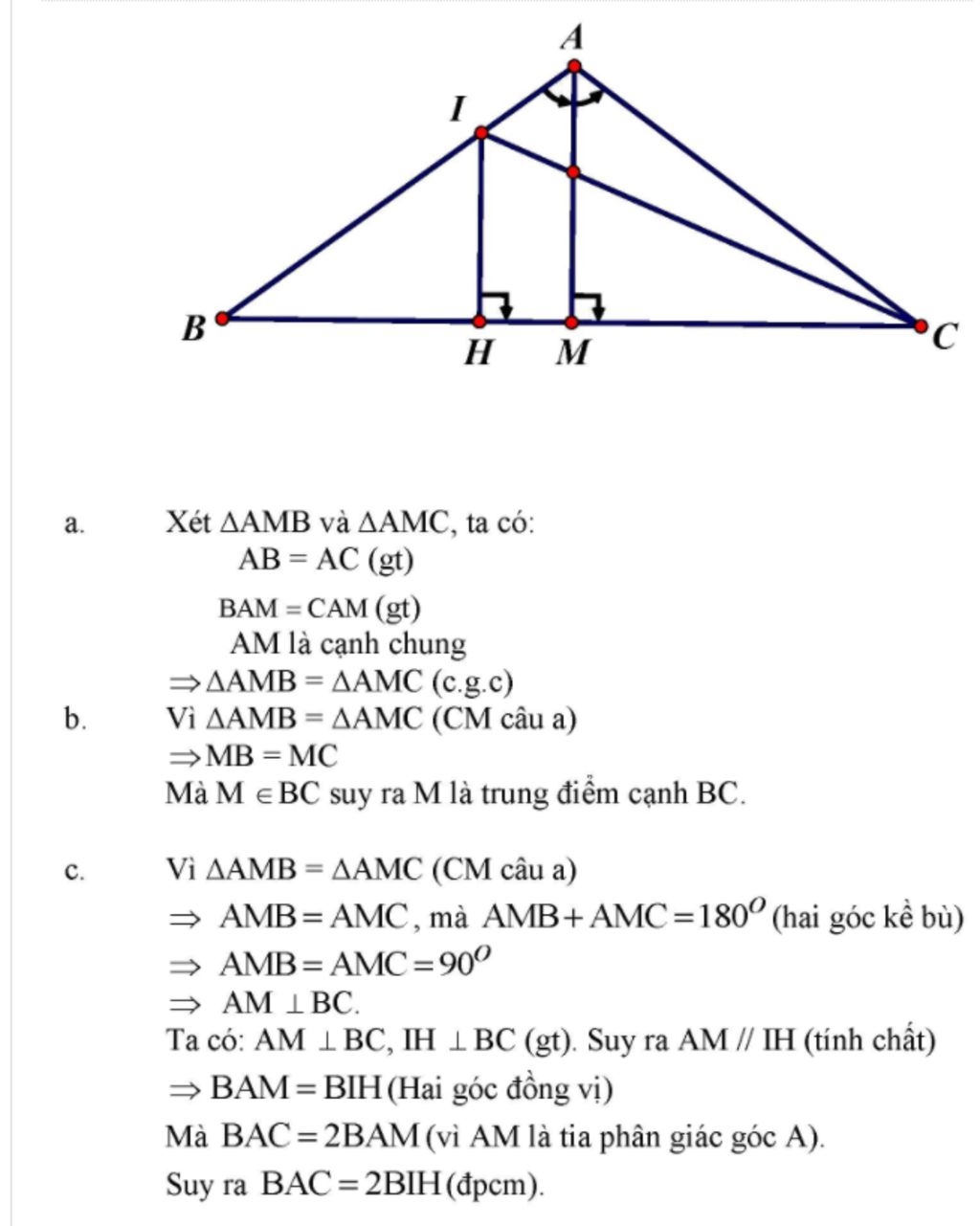 Cho Tam Giác ABC Có AB = AC. Tia Phân Giác Của Góc A Cắt BC Tại M. A ...