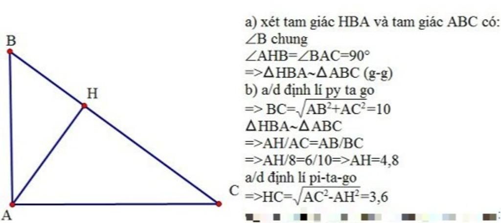 Cho tam giác ABC vuông tại A vẽ đường cao AH, AB = 6 cm, AC = 8cm ...