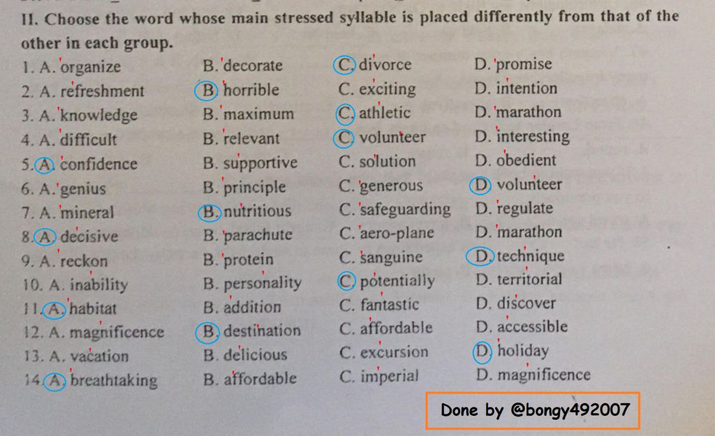 II. Choose the word whose main stressed syllable is placed ...