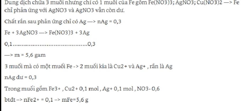 cho a gam bột Fe vào 100ml dung dịch gồm Cu NO3 2 1M vào AgNO3 4M sau