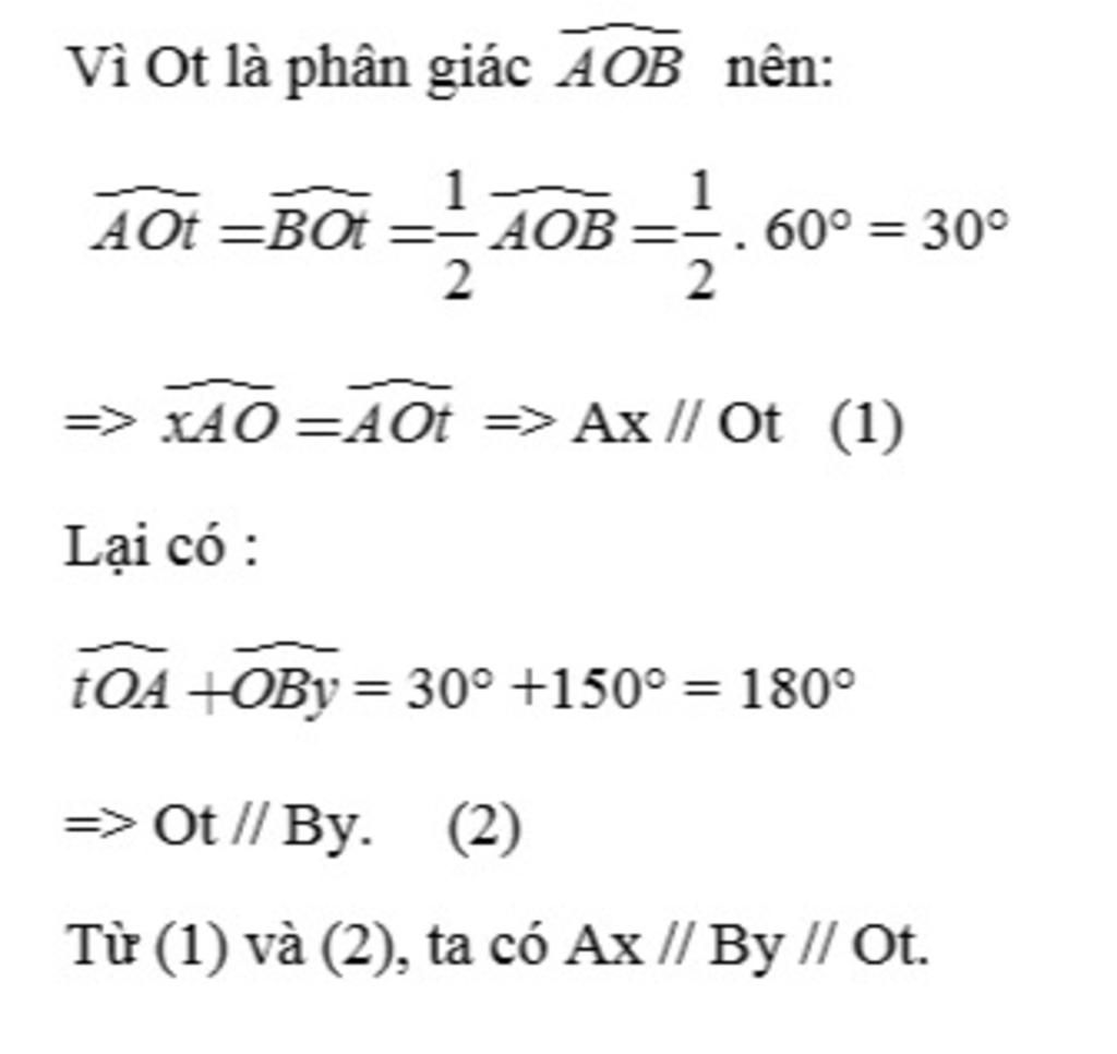 Bài 3: Cho hình vẽ bên biết yAt =40°, xOy =140° và OBz =130°. Chứng minh At  || Ba. x B Z Bài 4: Cho hình vẽ bên biết OAx =30°, OBy=150° và Ot là tia  phân g