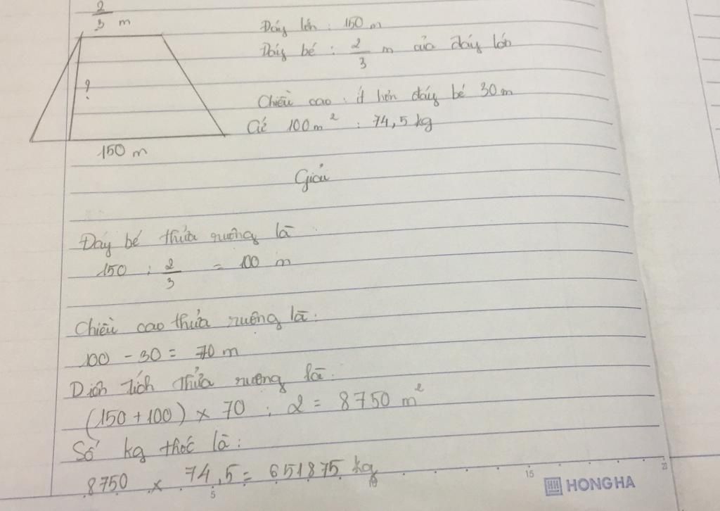 Nhà Bác Năm có một thửa ruộng hình thang với đáy lớn 150m, đáy bé bằng ...