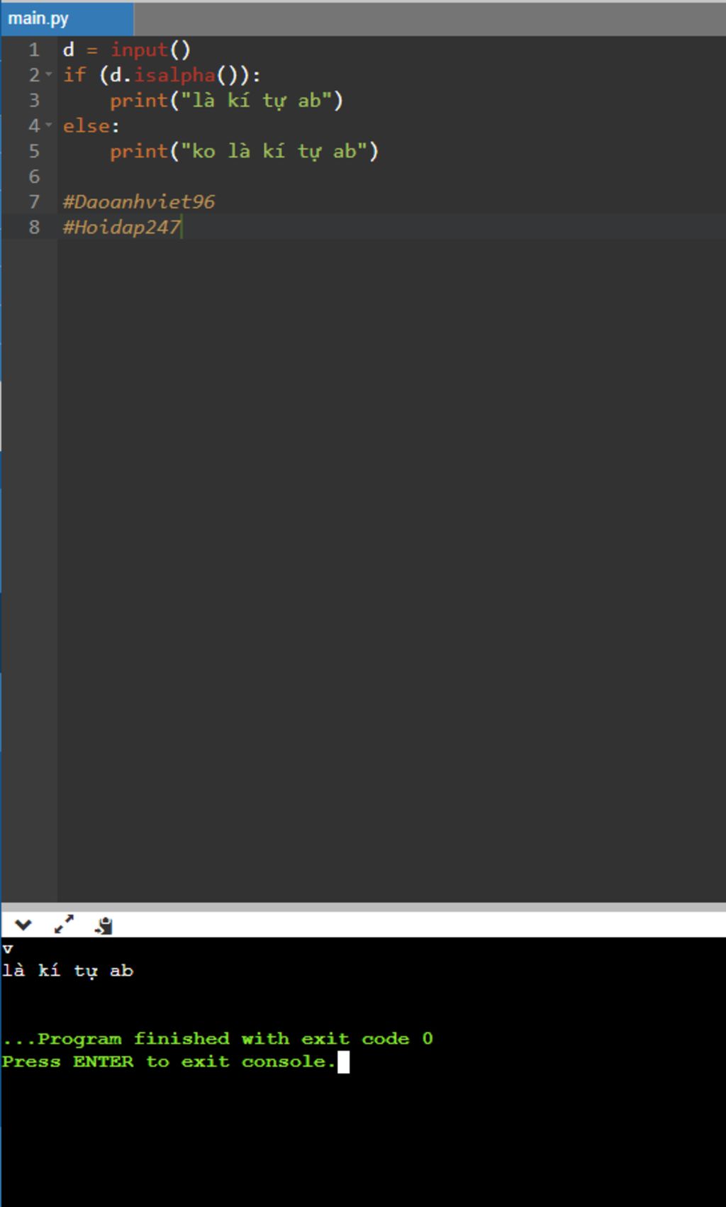 Python: Nhập ký tự d kiểm tra xem có thuộc alphabet hay ko. in ra