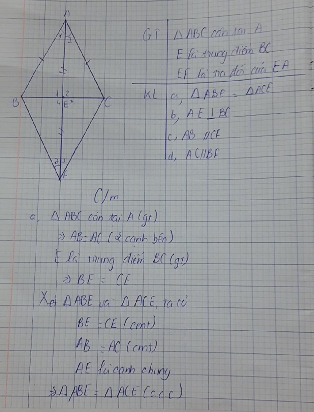 Cho Δ ABC cân tại A. Gọi E là trung điểm của cạnh BC . Trên tia đối của ...