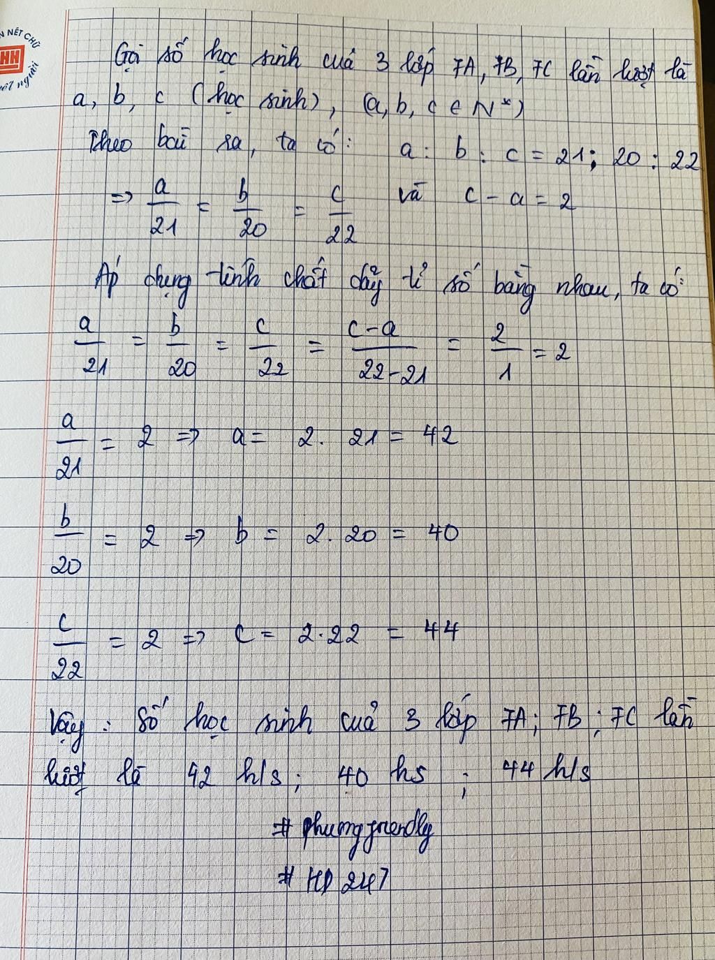 Số học sinh của ba lớp 7A, 7B, 7C tương ứng tỉ lệ với 21; 20; 22.Tính ...