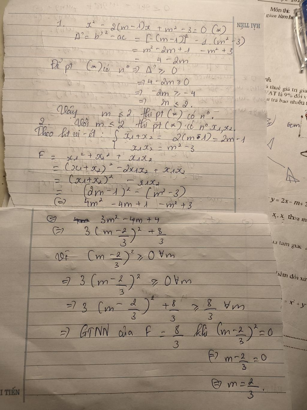 Cho pt x 2 m 1 x m 3 0 1 t m m pt c nghi m 2 t m m 
