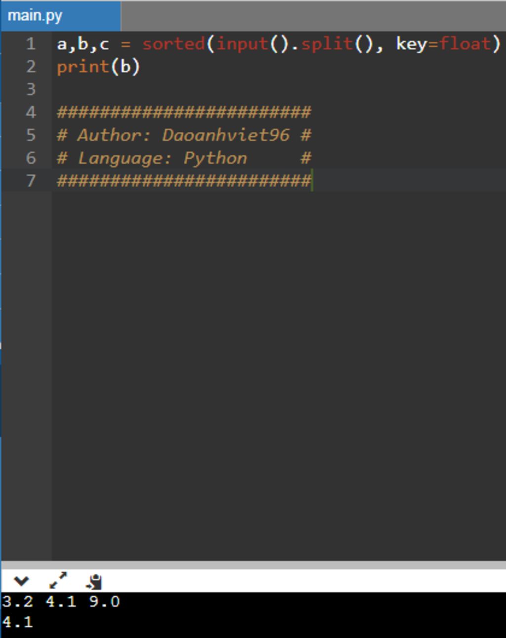 Nhập vào 3 số thực a,b,c. Hãy in ra số có giá trị ở giữa, là số không ...