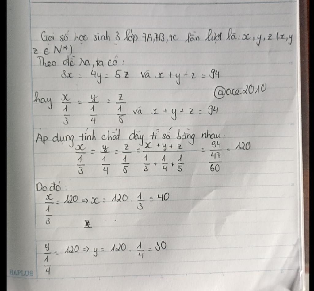 Ba lớp 7a,7b,7c đc phân công lao động với khối lượng công việc như nhau ...