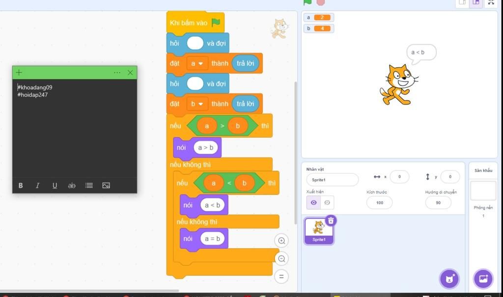 Answer In Scratch Viết chương trình nhập vào 2 số a,b. In ra màn hình kết quả so sánh 2 ...