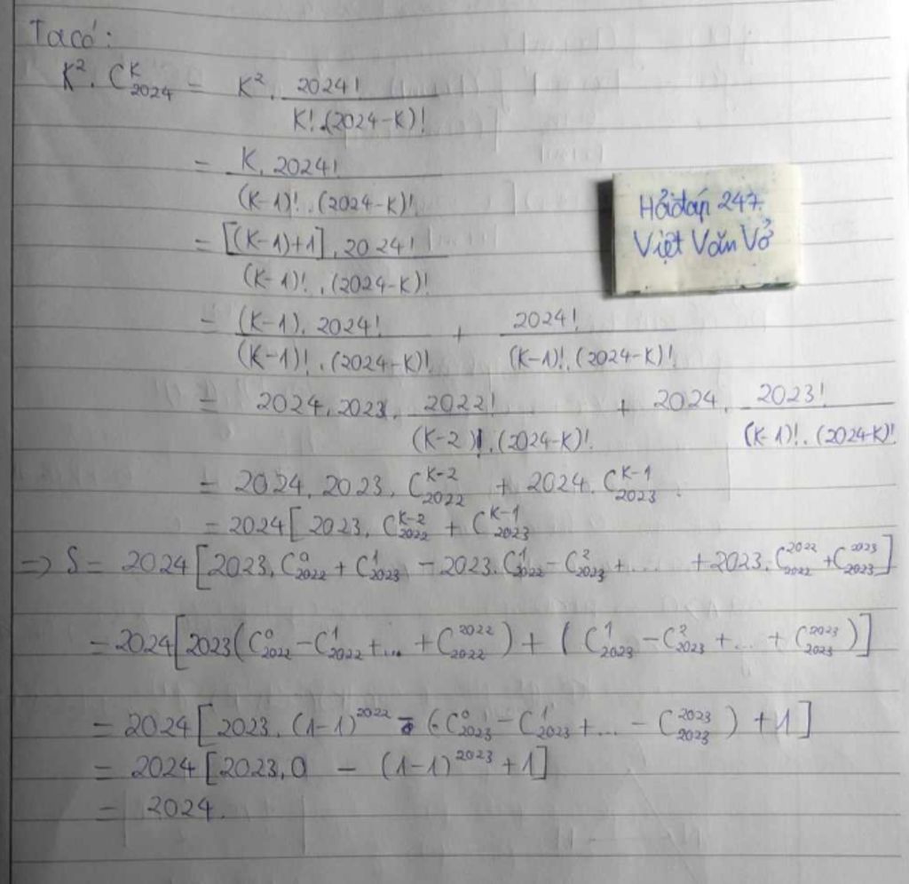 Tính tổng `S=2^2.C_2024^2-3^2.C_2024^3+...+(-1)^k.k^2.C_2024^k+...+2024 ...