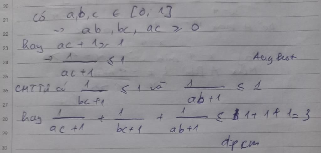 Cho `a,b,c in [0,1].` Cm: `1/(ac+1)+1/(bc+1)+1/(ab+1)