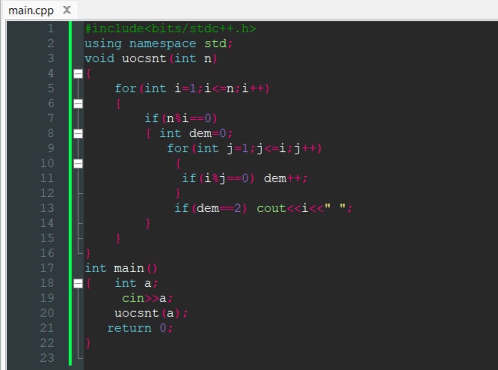 Cho số nguyên dương n.Hãy in ra các ước là số nguyên tố của n c++ sử ...
