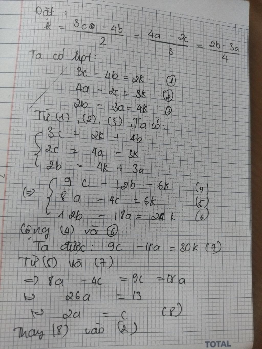 Tìm các số `a,c,c` biết `(3c-4b)/2 = (4a-2c)/3 = (2b-3a)/4` và `c + b ... image.