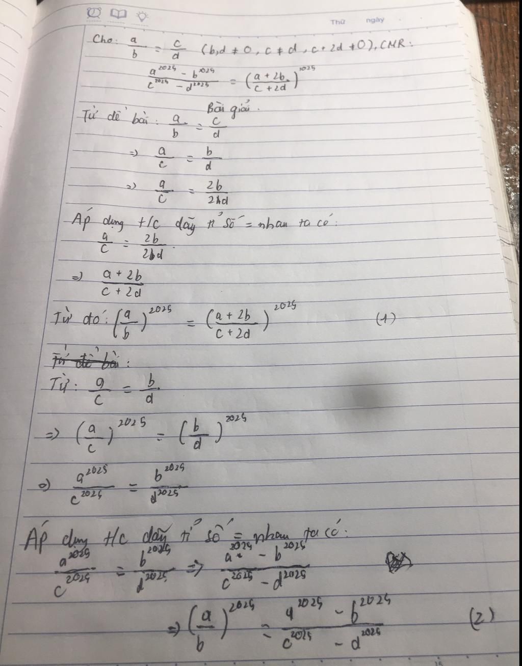 cho a/b=c/d ( b,d khác 0 , c 0 bằng d , c+2d ko = 0) cm`(a^2025 - b ...