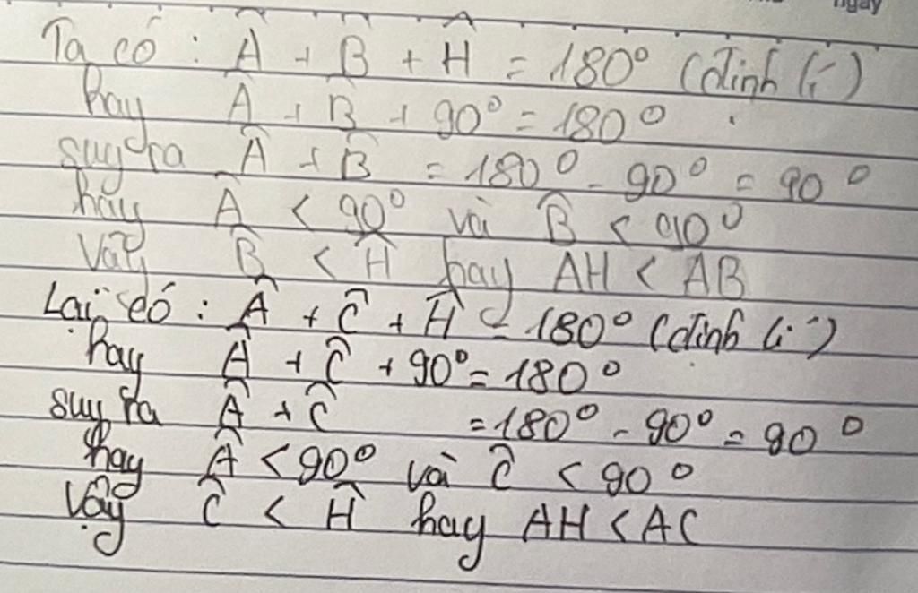 Cho tam giác ABCcó ba góc nhọn kẻ AH vuông góc BC tại H 1.Cm AHbè hơnAB ...