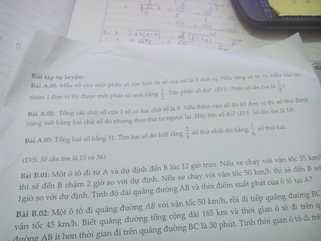 Bai A.01: Mẫu Số Của Một Phần Số Lớn Hơn Tử Số Của Nó Là 3 Đơn Vị. Nếu Tăng  Cả Tử Và Mẫu Của Nó Thêm 1 Đơn Vị Thì Được