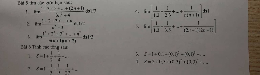 Bai 5 Tim Cac Giới Hạn Sau 1 3 5 2n 1 1 Lim Ds1 3 4 Lim Ds1 N N 1 1 2 2 3 3n 4 Ds1 2 1 2 3 N 2 Lim N2 3 12 22 3 N 3 Lim 1 1 1 5