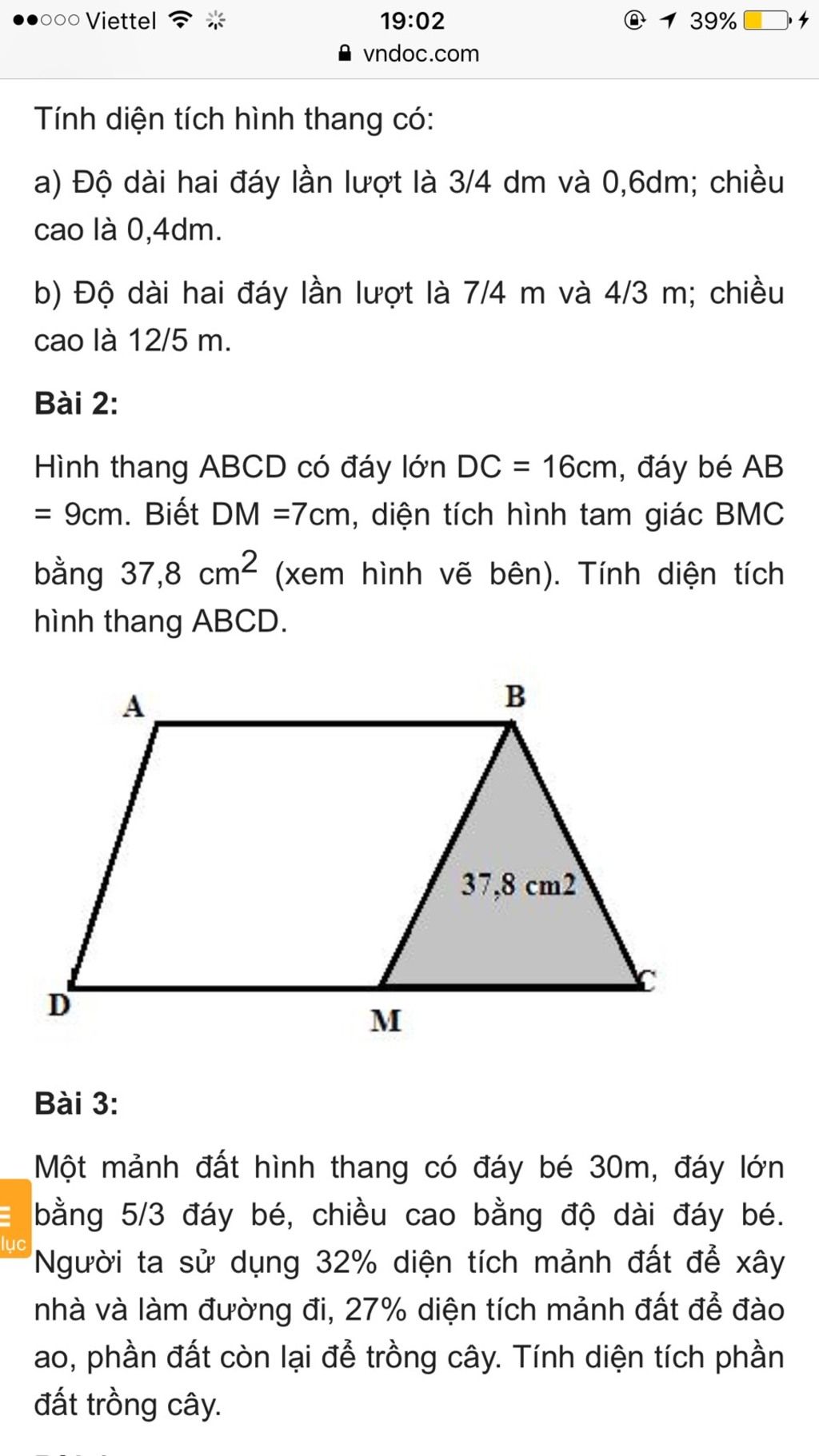 Po00 Viettel 1 39% 19:02 Vndoc.Com Tính Diện Tích Hình Thang Có: A) Độ Dài  Hai Đáy Lần Lượt Là 3/4 Dm Và 0,6Dm; Chiều Cao Là 0,4Dm. B) Độ Dài Hai