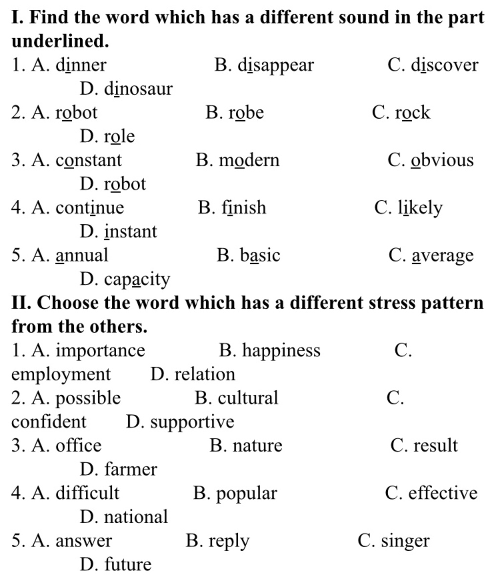 I. Find The Word Which Has A Different Sound In The Part Underlined. 1 ...