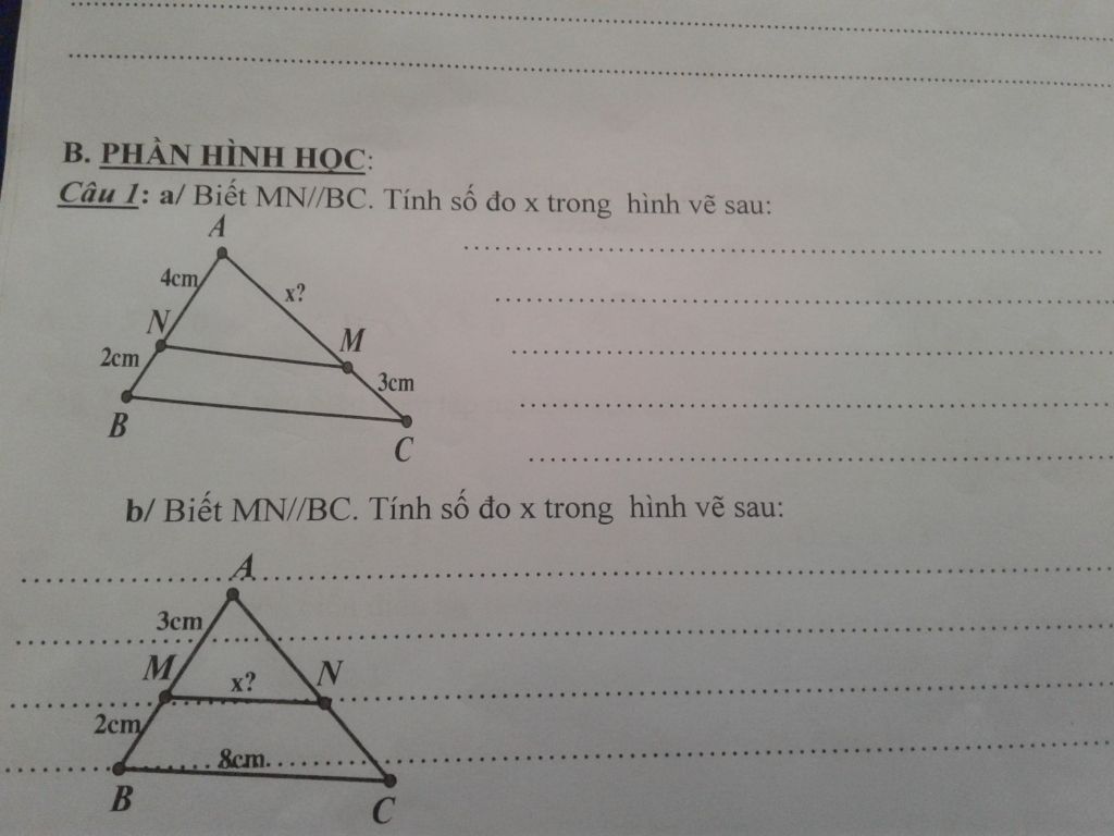 B. PHẦN HÌNH HỌC: Câu 1: a/ Biết MN//BC. Tính số đo x trong hình vẽ sau:  4cm x? 2cm Зст b/ Biết MN//BC. Tính số đo x trong hình vẽ sau: