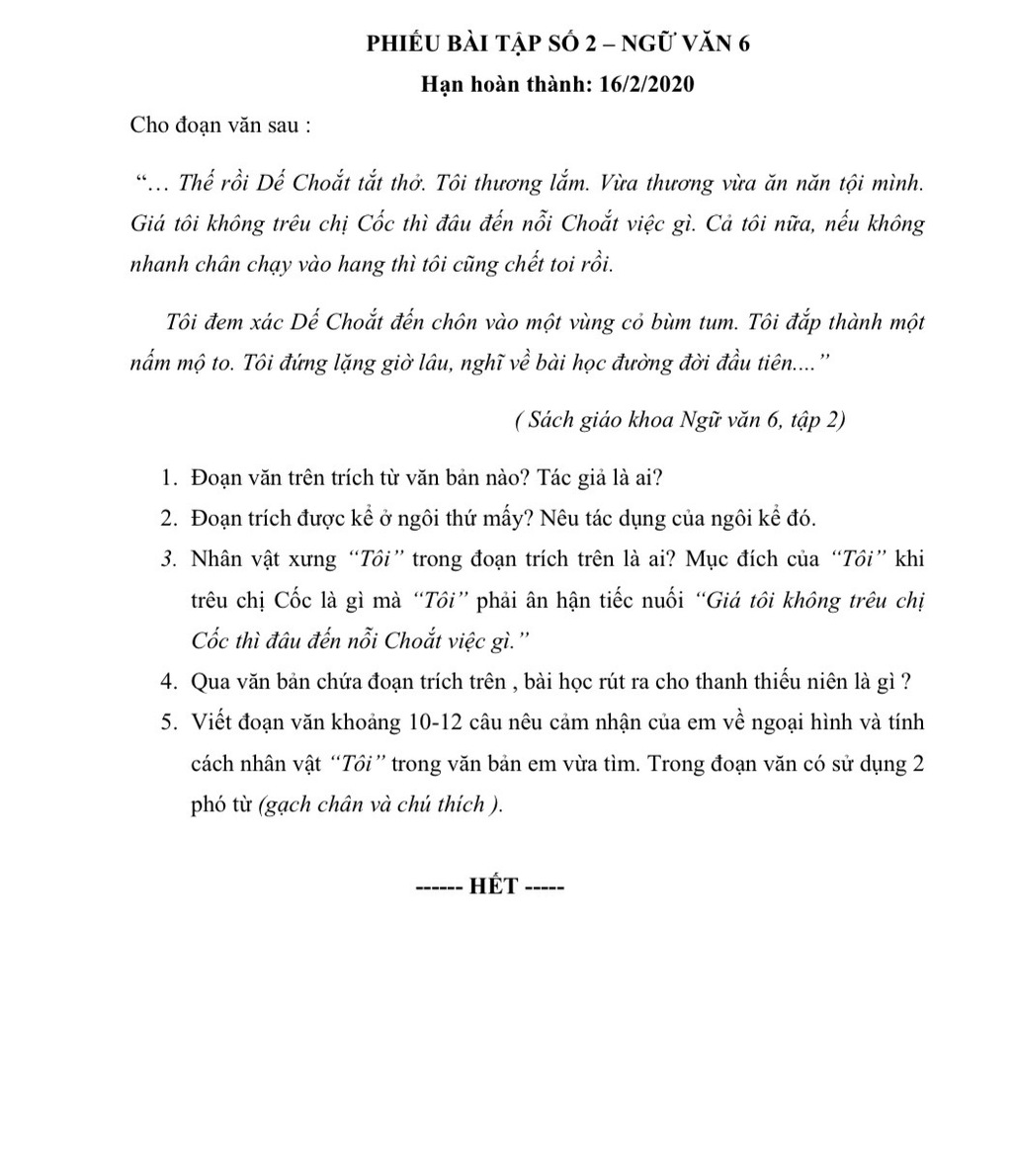 Phiếu Bai Tập So 2 Ngữ Văn 6 Hạn Hoan Thanh 16 2 Cho đoạn Văn Sau Thế Rồi Dế Choắt Tắt Thở Toi Thương Lắm Vừa Thương Vừa ăn Năn Tội Minh