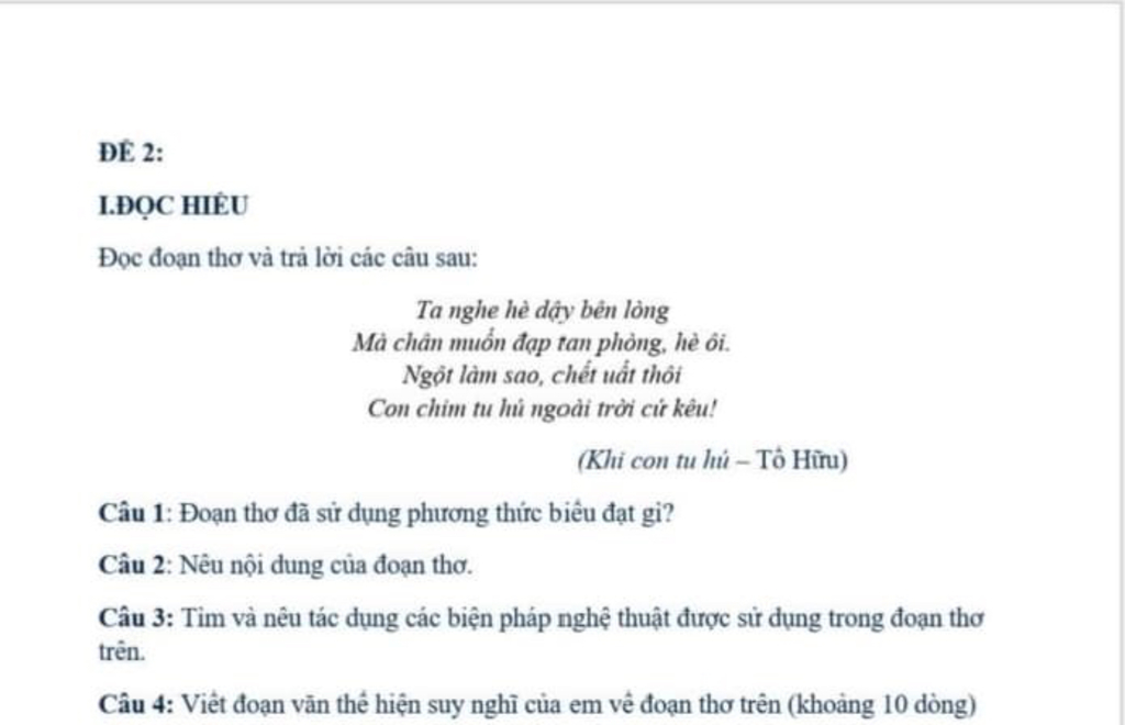 Đ 2: I.Đọc Hiểu Đọc Đoạn Thơ Và Trả Lời Các Câu Sau: Ta Nghe Hè Dậy Bên  Lòng Mà Chân Muốn Đạp Tan Phòng, Hè Ôi. Ngột Làm Sao, Chết Uất