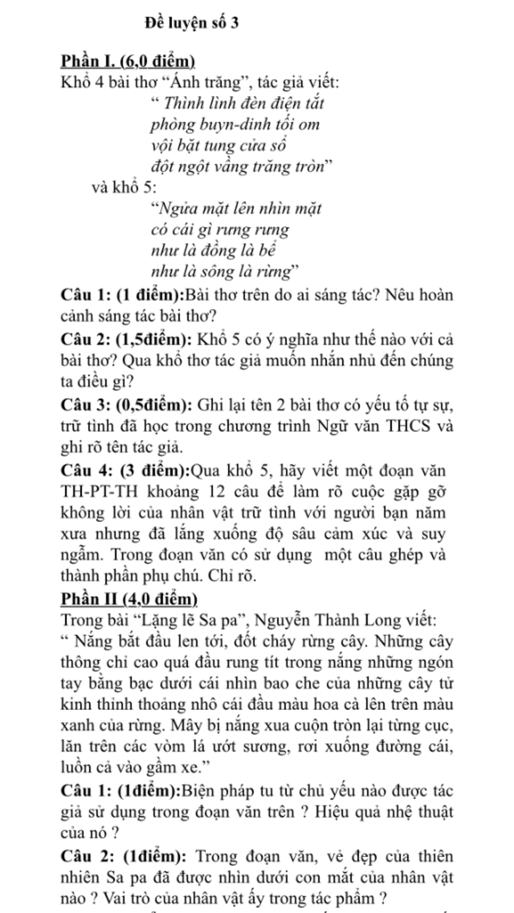 Đề Luyện Số 3 Phần I. (6,0 Điểm) Khổ 4 Bài Thơ “Ánh Trăng
