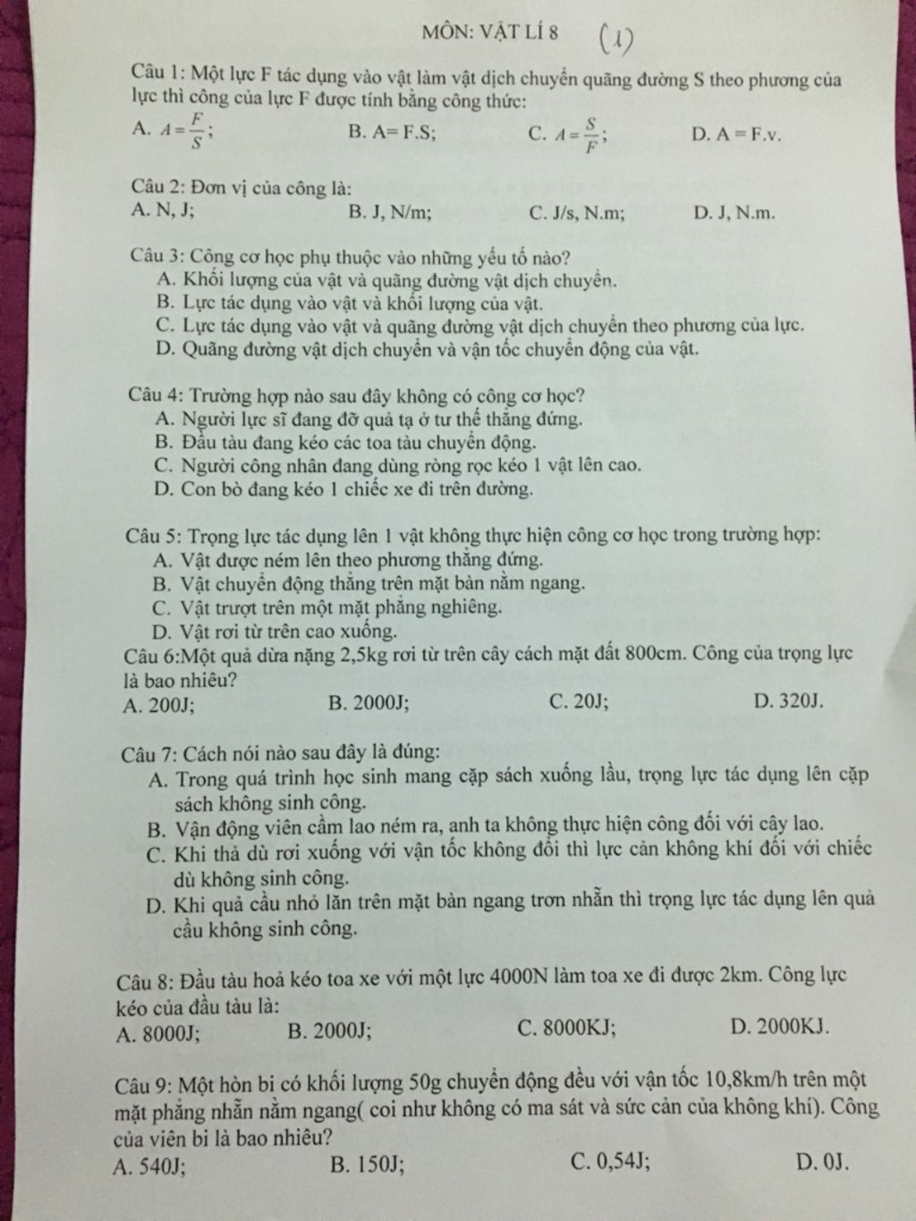 Mon Vật Li 8 1 Cau 1 Một Lực F Tac Dụng Vao Vật Lam Vật Dịch Chuyển Quang đường S Theo Phương Của Lực Thi Cong Của Lực F được Tinh