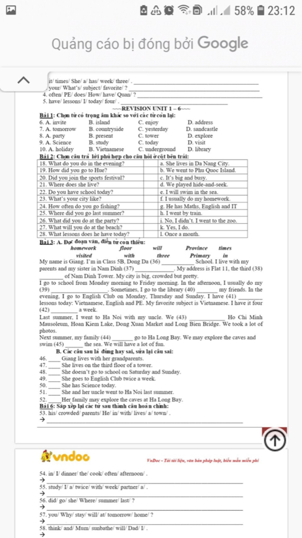 回L4 158%自23:12 Quảng Cáo Bị Đóng Bởi Google It/ Times/ She/ A/ Has/ Week/  Three/ Your/ What'S/ Subject/ Favorite/? 4. Often/ Pe/ Does/ How/Have/  Quan/ ? 5.