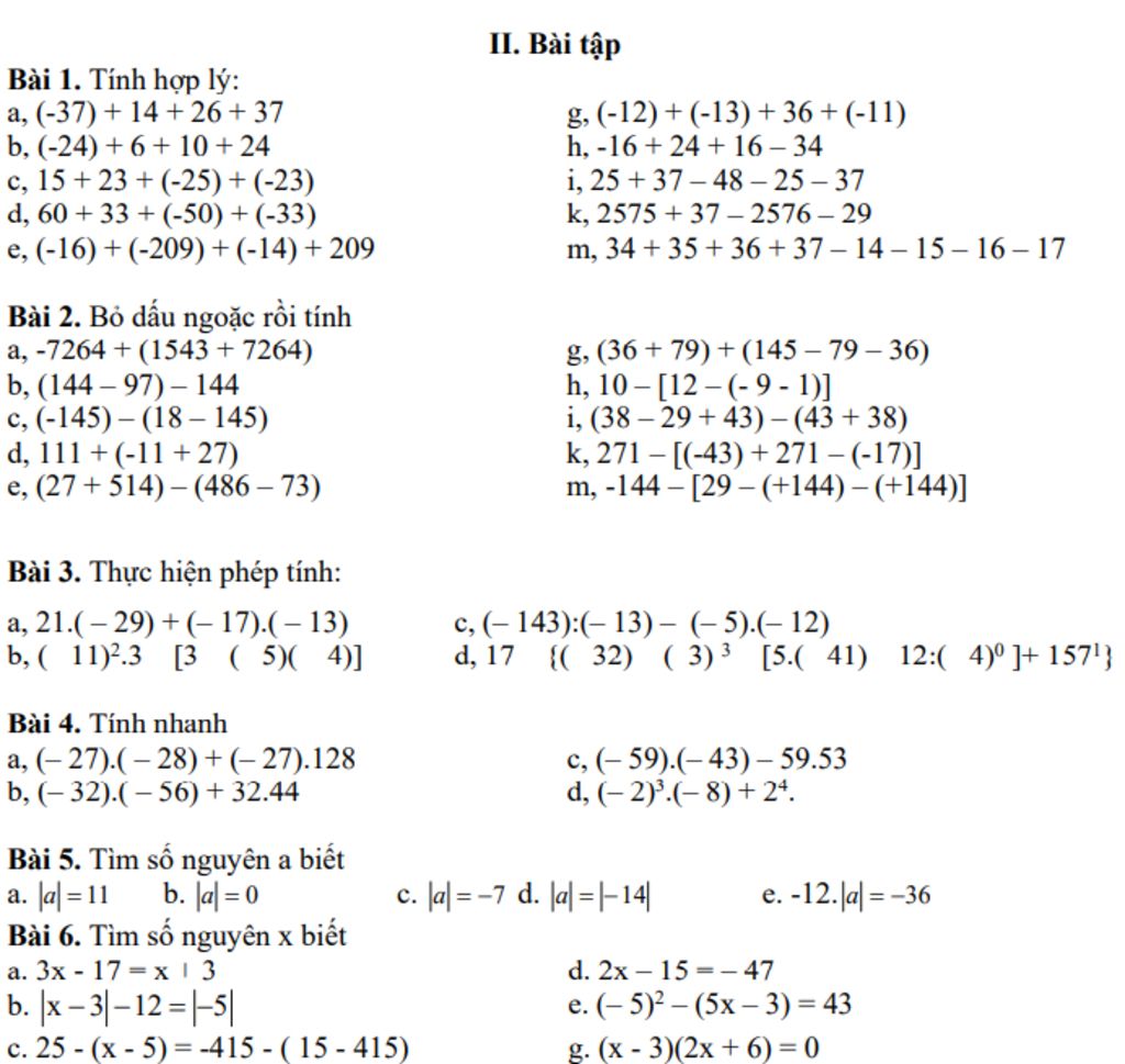 II. Bài tập Bài 1. Tính hợp lý: a, (-37) + 14 + 26+37 b, (-24) + 6 
