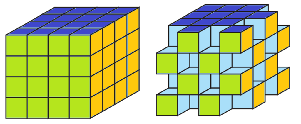 Cho hai khối lập phương cạnh 4cm được tạo thành bởI các khối lập phương  cạnh 1cm. Ở một khối, người ta bỏ đi 14 khối lập phương nhỏ ở các vị
