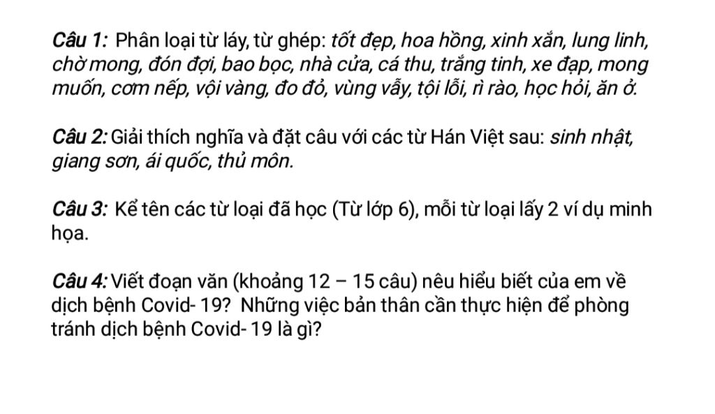 Câu 1: Phân loại từ láy, từ ghép: tốt đẹp, hoa hồng, xinh xắn ...