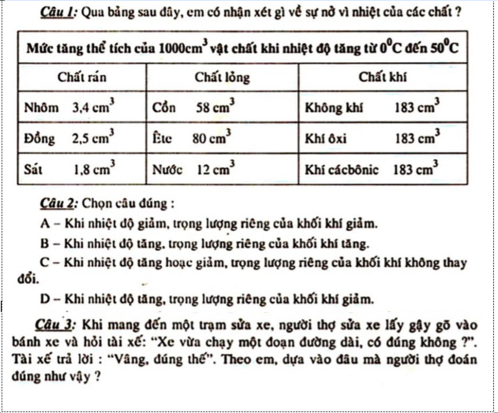 Cau I Qua Bảng Sau đay Em Co Nhận Xet Gi Về Sự Nở Vi Nhiệt Của Cac Chất Mức Tăng Thể Tich Của 1000cm Vật Chất Khi Nhiệt độ Tăng